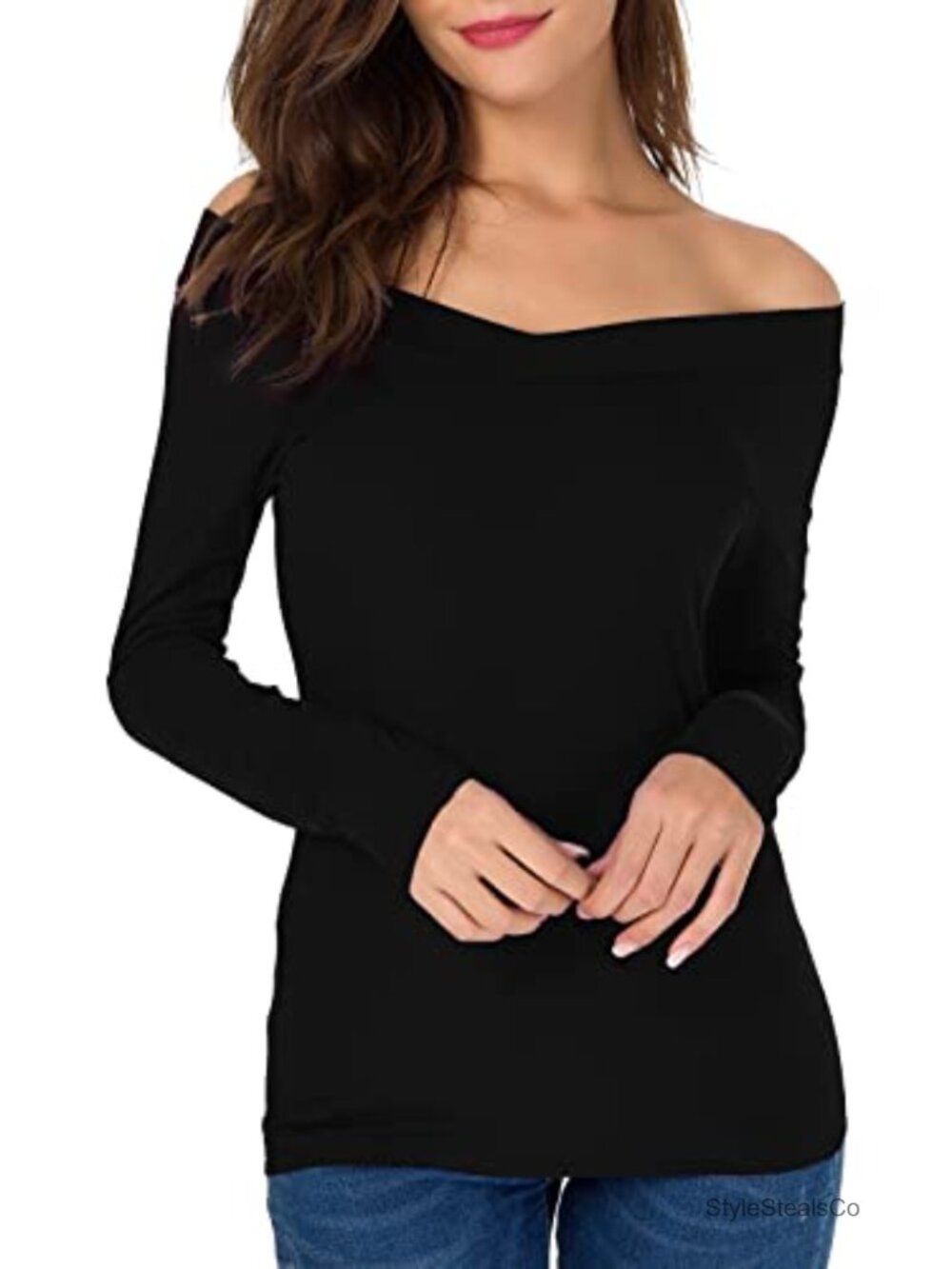 Off The Shoulder V Neck Slim Fit Blouse Long Sleeve Stretchy Top
